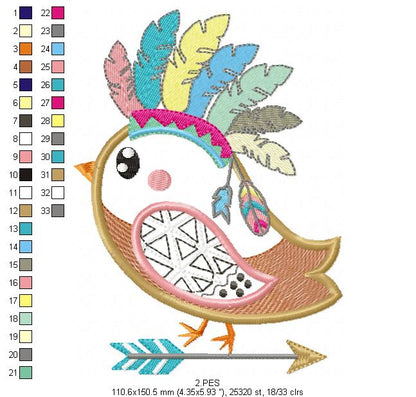 Bird Boho embroidery - Applique - 6 Sizes  - Machine Embroidery Design