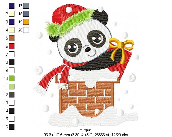 Christmas Panda in the chimney  - Applique / Fill Stitch - 6 Sizes - Machine Embroidery Designs