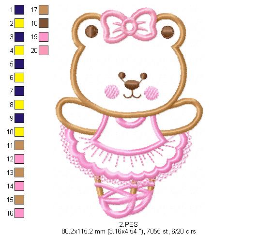 Teddy Bear Girl Ballerina -Applique - 6 Sizes - Machine Embroidery Design