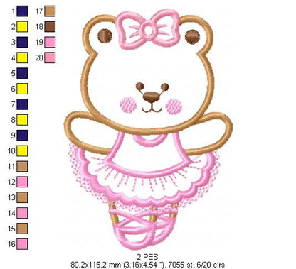 Teddy Bear Girl Ballerina -Applique - 6 Sizes - Machine Embroidery Design