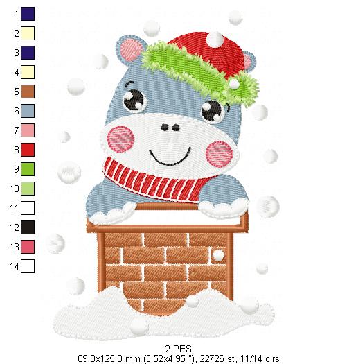 Christmas Hippo in the chimney - Applique / Fill Stitch - 6 Sizes - Machine Embroidery Designs