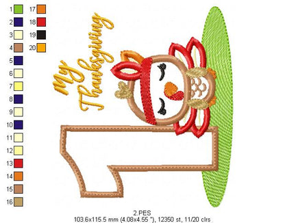 My First  Thanksgiving  Girl - Turkey with Bow - Machine Embroidery Design