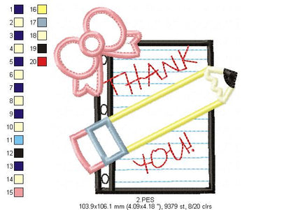 Pencil with Bow - Back to School - Applique - Machine Embroidery Design