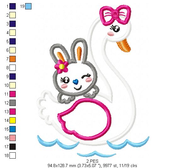 Swan with cute bunny - Applique
