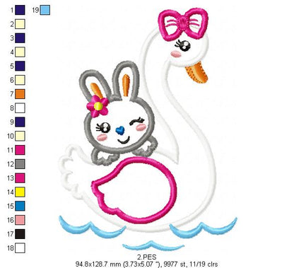 Swan with cute bunny - Applique