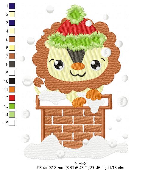 Christmas Lion in the chimney - Applique / Fill Stitch - 6 Sizes - Machine Embroidery Designs