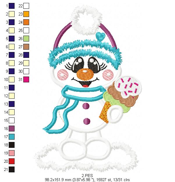 Cute Snowman  - Applique - 6 Sizes - Machine Embroidery Designs