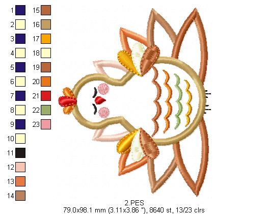 Thanksgiving Turkey - Applique  - 6 sizes - Machine Embroidery Design