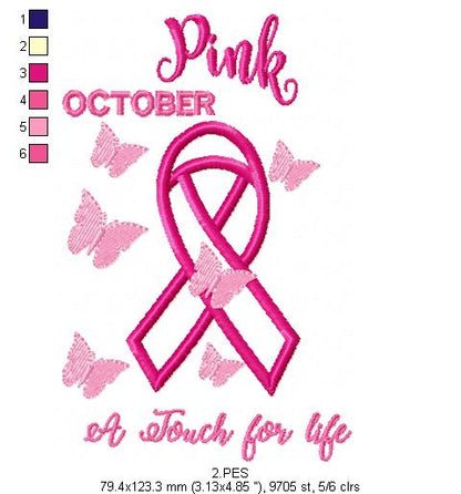 Pink October - A touch for life - Applique  - 6 Sizes - Machine Embroidery Designs