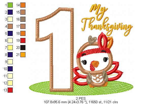 My First  Thanksgiving  Boy - Turkey with Bow - Machine Embroidery Design