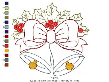 Christmas Bells - Applique - 5 Sizes - Machine Embroidery Designs