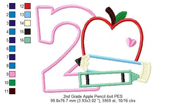 2nd Grade Apple, Pencil and Crayon - Applique-Machine Embroidery Design