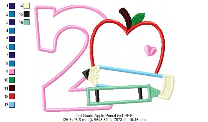 2nd Grade Apple, Pencil and Crayon - Applique-Machine Embroidery Design