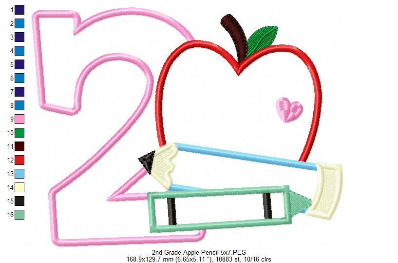 2nd Grade Apple, Pencil and Crayon - Applique-Machine Embroidery Design