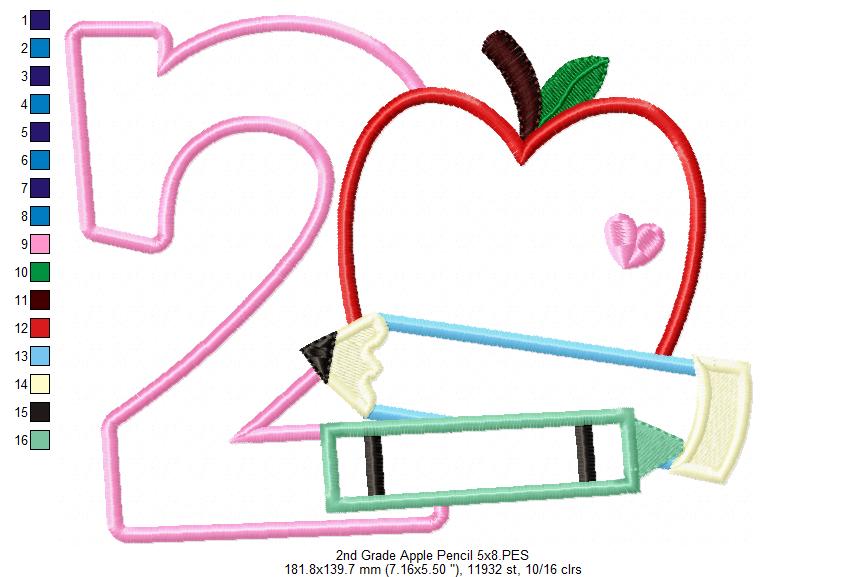 2nd Grade Apple, Pencil and Crayon - Applique-Machine Embroidery Design