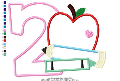 2nd Grade Apple, Pencil and Crayon - Applique-Machine Embroidery Design