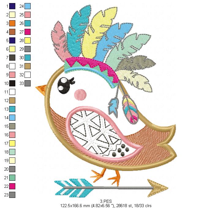 Bird Boho embroidery - Applique - 6 Sizes  - Machine Embroidery Design