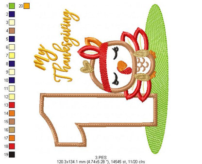 My First  Thanksgiving  Girl - Turkey with Bow - Machine Embroidery Design