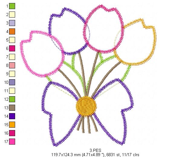 Four Tulips Bouquet - Applique Zig Zag - 6 Sizes - Machine Embroidery Designs