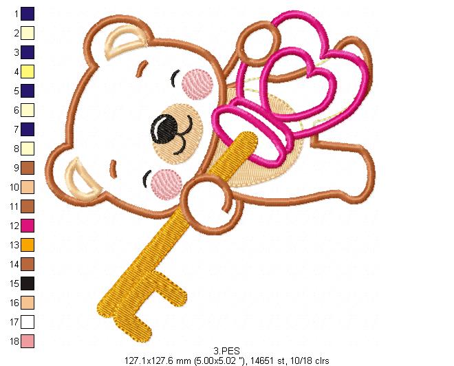 Couple of teddy bears key and lock - Applique - Machine Embroidery Designs