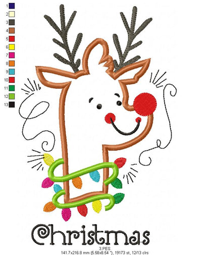 Christmas Rudolf Reindeer  - Applique - 6 Sizes - Machine Embroidery Designs