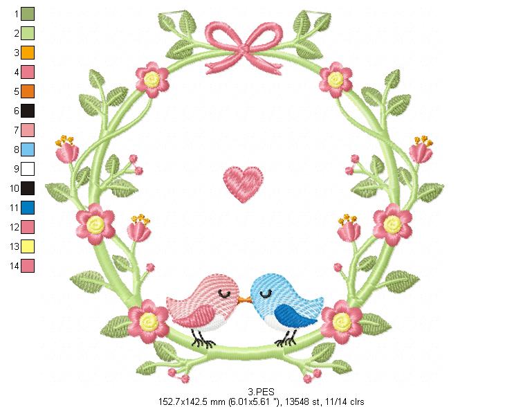 Couple of birds in the frame - Fill Stitch - 5 Sizes - Machine Embroidery