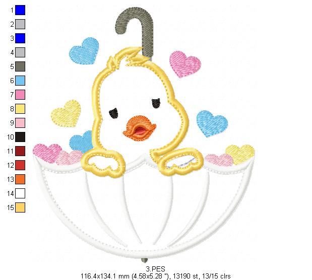 Duckling in Umbrella  - Applique -  6 Sizes  - Machine Embroidery Design