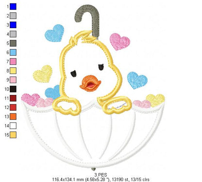 Duckling in Umbrella  - Applique -  6 Sizes  - Machine Embroidery Design