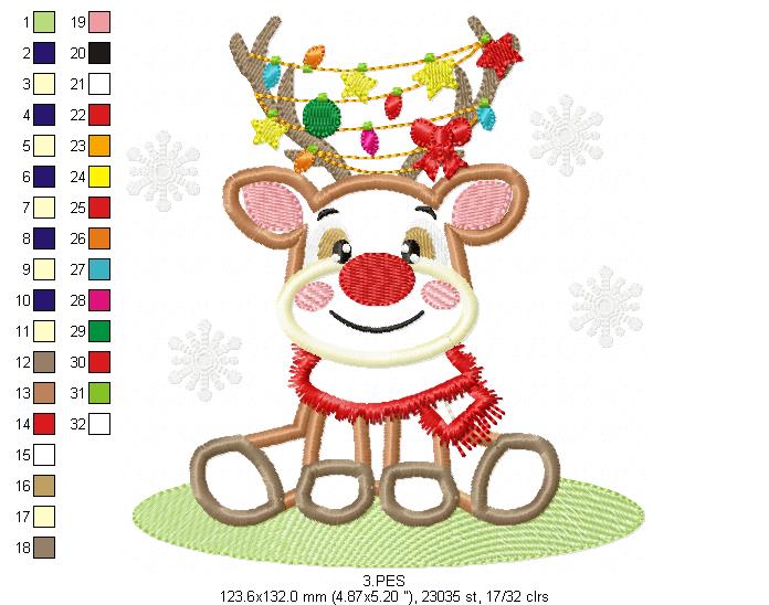 Christmas Rudolf Reindeer - Applique - 6 Sizes - Machine Embroidery Designs
