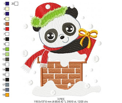 Christmas Panda in the chimney  - Applique / Fill Stitch - 6 Sizes - Machine Embroidery Designs