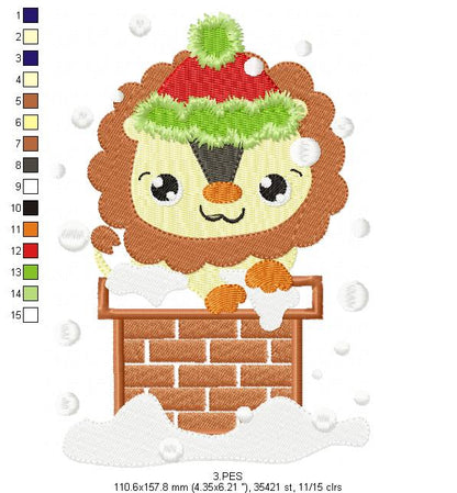 Christmas Lion in the chimney - Applique / Fill Stitch - 6 Sizes - Machine Embroidery Designs