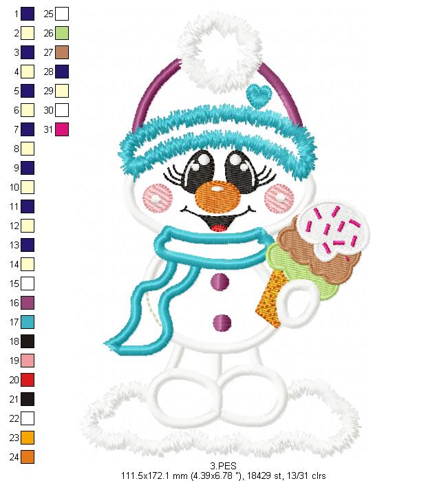 Cute Snowman  - Applique - 6 Sizes - Machine Embroidery Designs