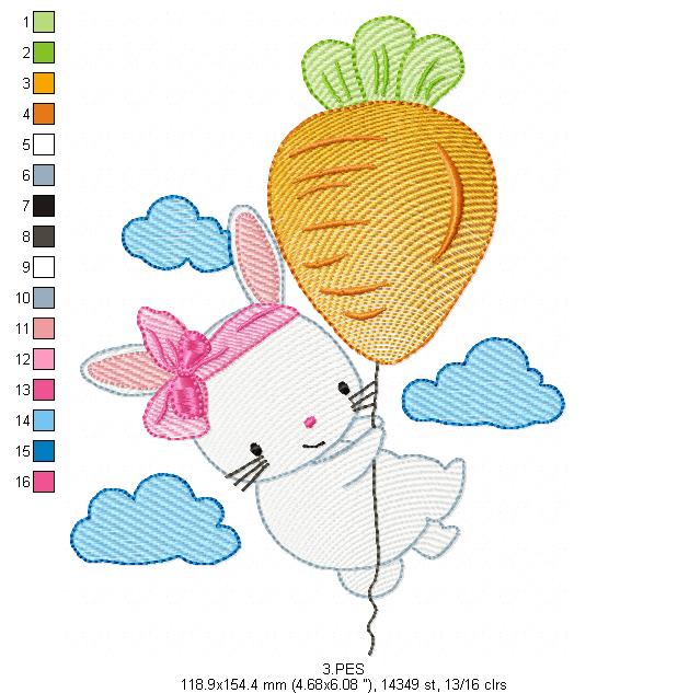 Cute bunny in carrot balloon - Fill Stitch - Machine Embroidery Designs