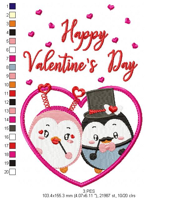 Couple of love penguins - Valentine's Days - 6 Sizes  - Machine Embroidery Design