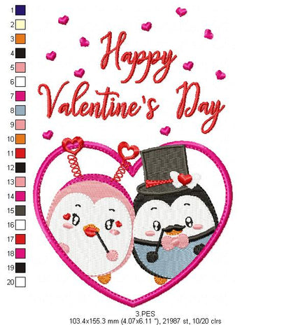 Couple of love penguins - Valentine's Days - 6 Sizes  - Machine Embroidery Design