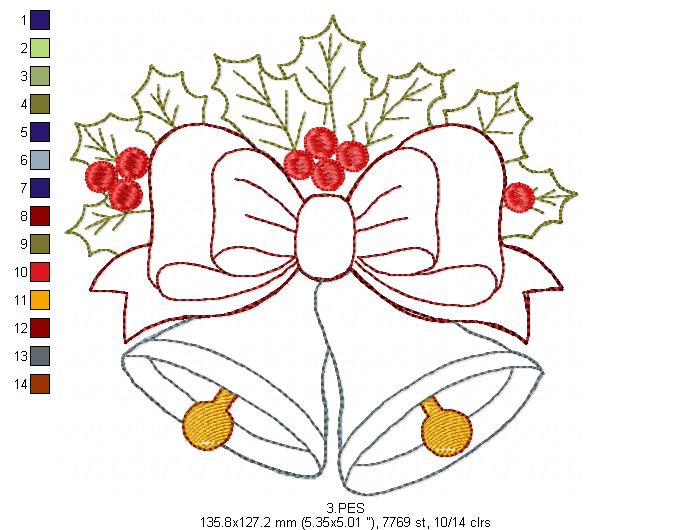 Christmas Bells - Applique - 5 Sizes - Machine Embroidery Designs