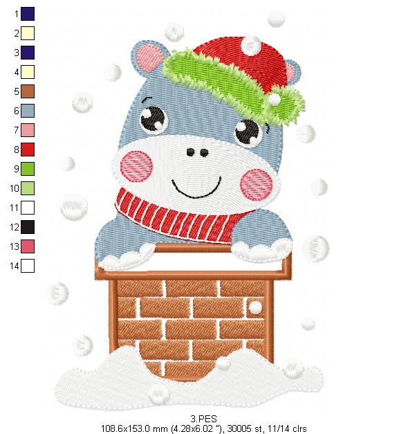 Christmas Hippo in the chimney - Applique / Fill Stitch - 6 Sizes - Machine Embroidery Designs