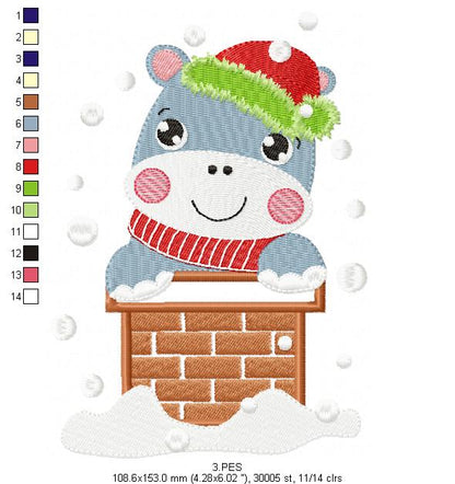 Christmas Hippo in the chimney - Applique / Fill Stitch - 6 Sizes - Machine Embroidery Designs