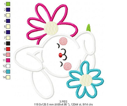 Happy bunny in the burrow with flowers - Applique