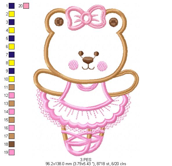 Teddy Bear Girl Ballerina -Applique - 6 Sizes - Machine Embroidery Design