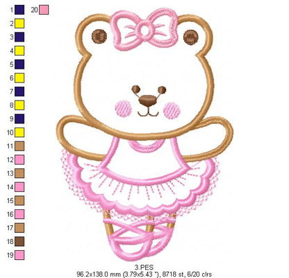 Teddy Bear Girl Ballerina -Applique - 6 Sizes - Machine Embroidery Design