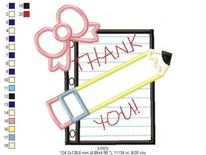 Pencil with Bow - Back to School - Applique - Machine Embroidery Design