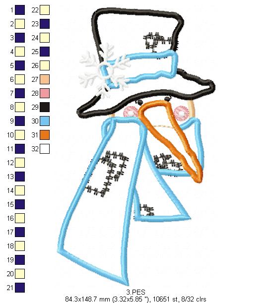 Snowman - 6 Sizes - Applique - Machine Embroidery Design