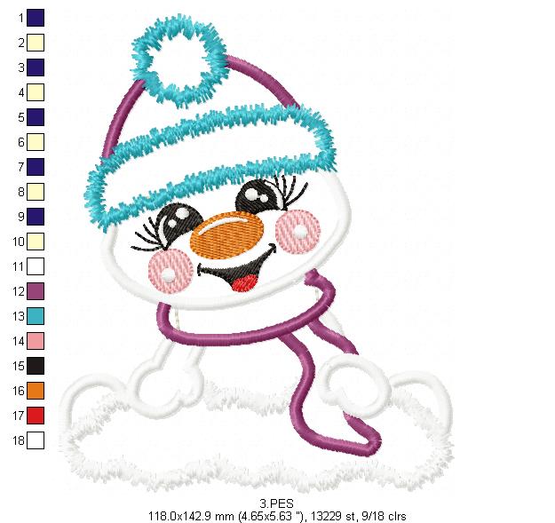 Cute Snowman  - Applique - Machine Embroidery Design