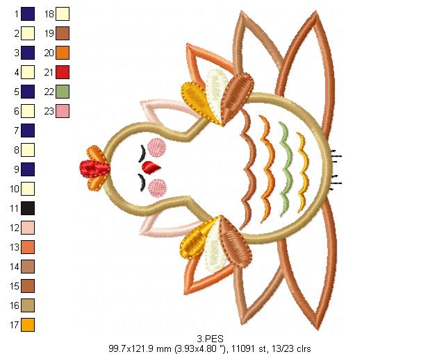 Thanksgiving Turkey - Applique  - 6 sizes - Machine Embroidery Design