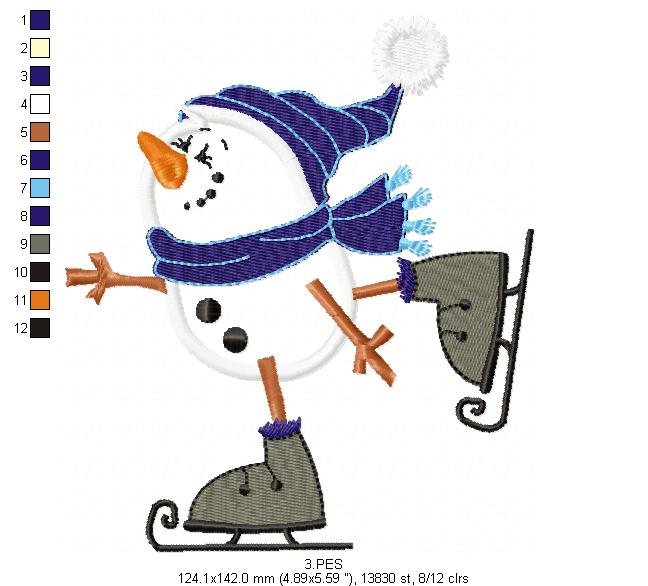 Snowman skiing in the snow - Applique -6 Sizes - Machine Embroidery Designs