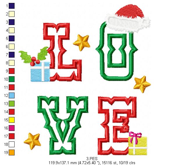 Christmas  Love - Applique - 6 Sizes - Machine Embroidery Designs