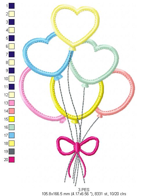 Heart balloon- Applique - 6 Sizes - Applique - Machine Embroidery Designs
