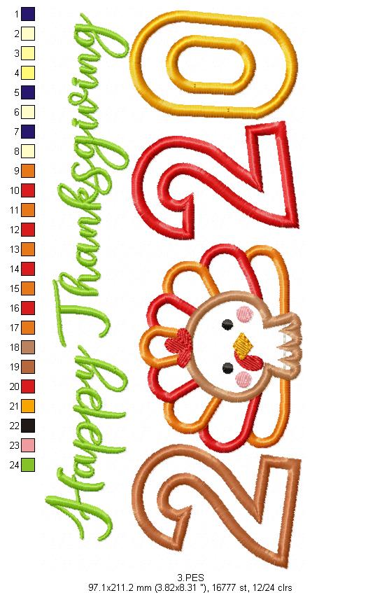 Happy Thanksgiving  2020 -  Applique  - 6 sizes - Machine Embroidery Design