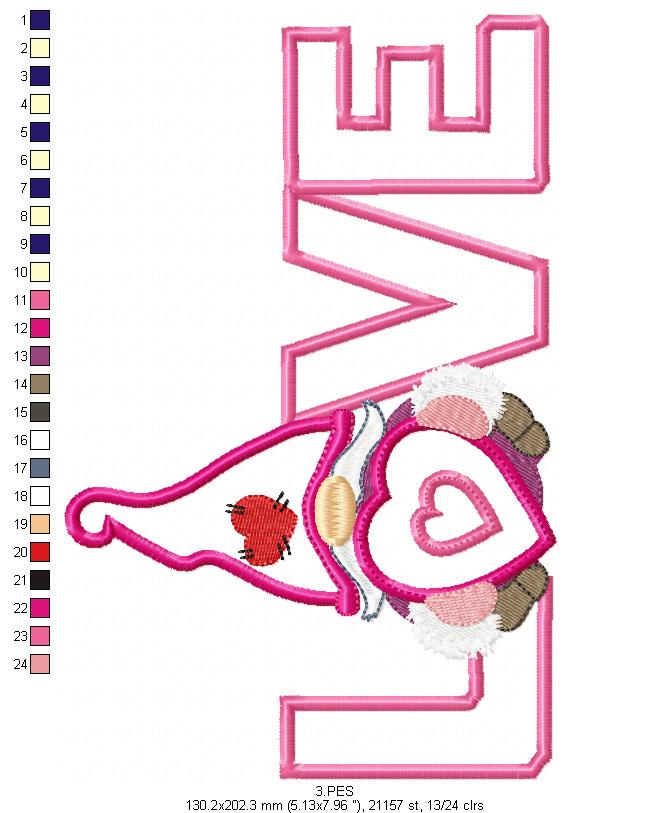 Valentines Love Gnome 2 - Applique - Machine Embroidery Designs